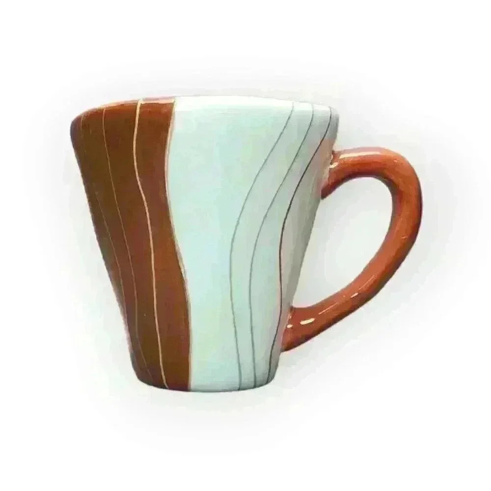 Pier 1 Imports Canyon Stripe 16oz Coffee Mug Tea Cup Hand Painted Orange & White